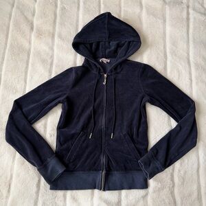 Vintage Juicy Couture Velour Zip Up Navy Rhinestone Zipper Gold Size Small
